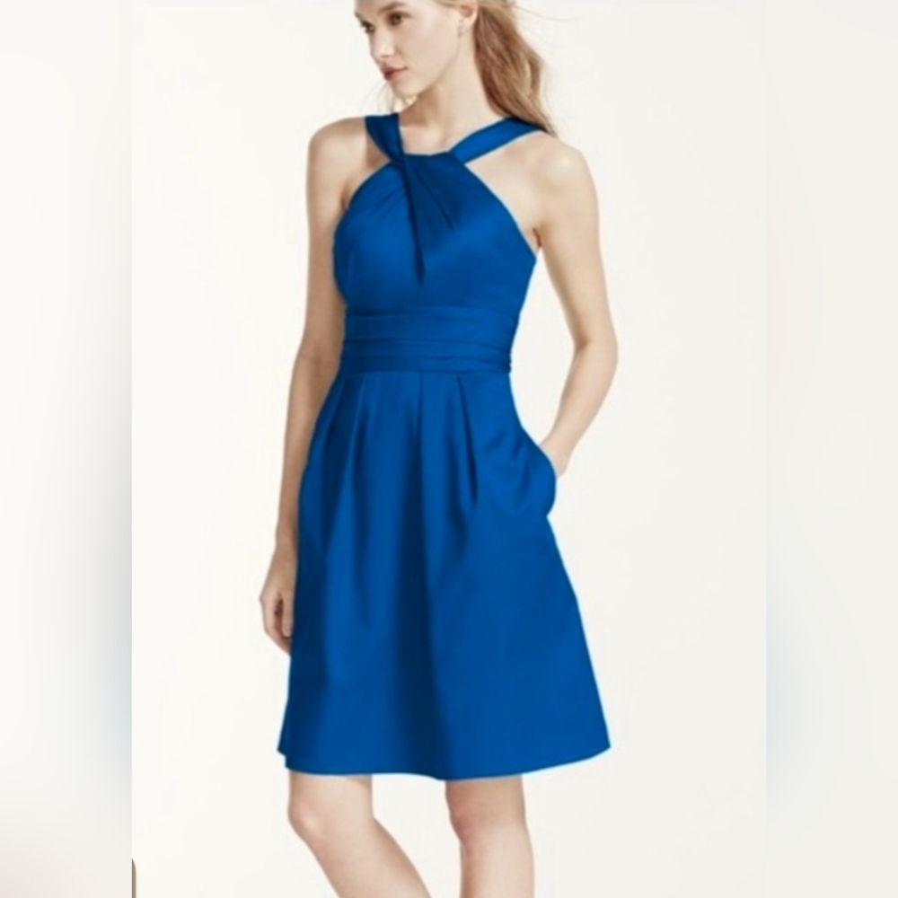 David's Bridal Blue Ruched Halter Midi Dress